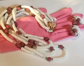True Vintage 50's 60's Summer Wedding White Pink Glass Torsade Necklace Coralene Vogue Hobe Demi Parure Set FABULOUS