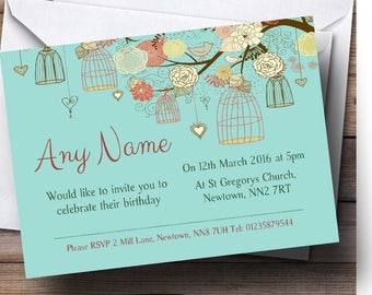 Vintage Shabby Chic Birdcage Turquoise Personalised Birthday Party Invitations