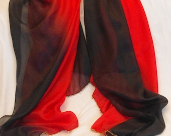 Red and Black graded colours 100% silk chiffon scarf / wrap