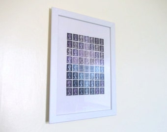 Framed Postage Stamp Wall Art - Calming Lavender Office Art Decor - Upcycled Original British Stamp Art, 8 x 11, Geometric mosaic collage