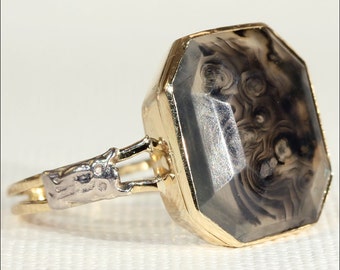 Antique Picture Agate Ring in 14k Gold and Silver, Owl Detail