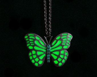Green Butterfly Necklace Glow In The Dark Necklace Antique Bronze