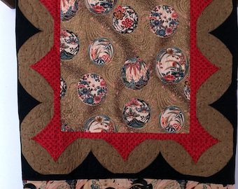 Japanese Geisha Girls quilt wall hanging or sofa throw red, black and gold