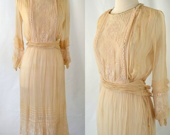 Antique Ivory Muslin Dress, Tea Dress, Gauzy Dress, Needs TLC, Spring, Summer