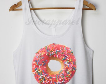 Pink Doughnut Print BOXY Crop Top Tank Vest Womens Girls Tongue Teen