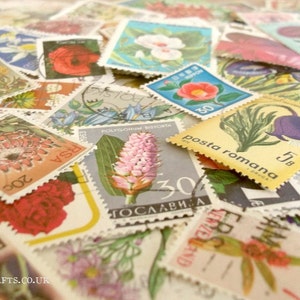 Flowers, postage stamps | floral world modern + vintage random mixed used stamps | card craft topper, collage, upcycle, decoupage, collect