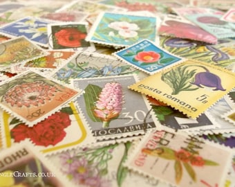 Flowers, postage stamps | floral world modern + vintage random mixed used stamps | card craft topper, collage, upcycle, decoupage, collect