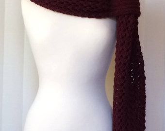 Hand Knitted Scarf/Shawl/Wrap/Stole, Knitted Scarf, Knitted Shawl, Knitted Wrap, Burgundy Scarf/Wrap/Stole