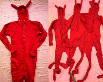 Vintage 1930's RARE Devil Costume, Wool Devil Onesie, Darned, 30's Theatre, Hand Made, Unisex Adults, Halloween Everyday