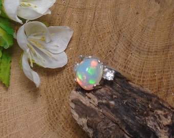 Sky Blue Ethiopian Fire Opal 2 Birthstone Accent Gems Ring, Solid Sterling Silver, 2.40 Cts 10.5 x 9 mm Natural AAA+++ Ethiopian Opal