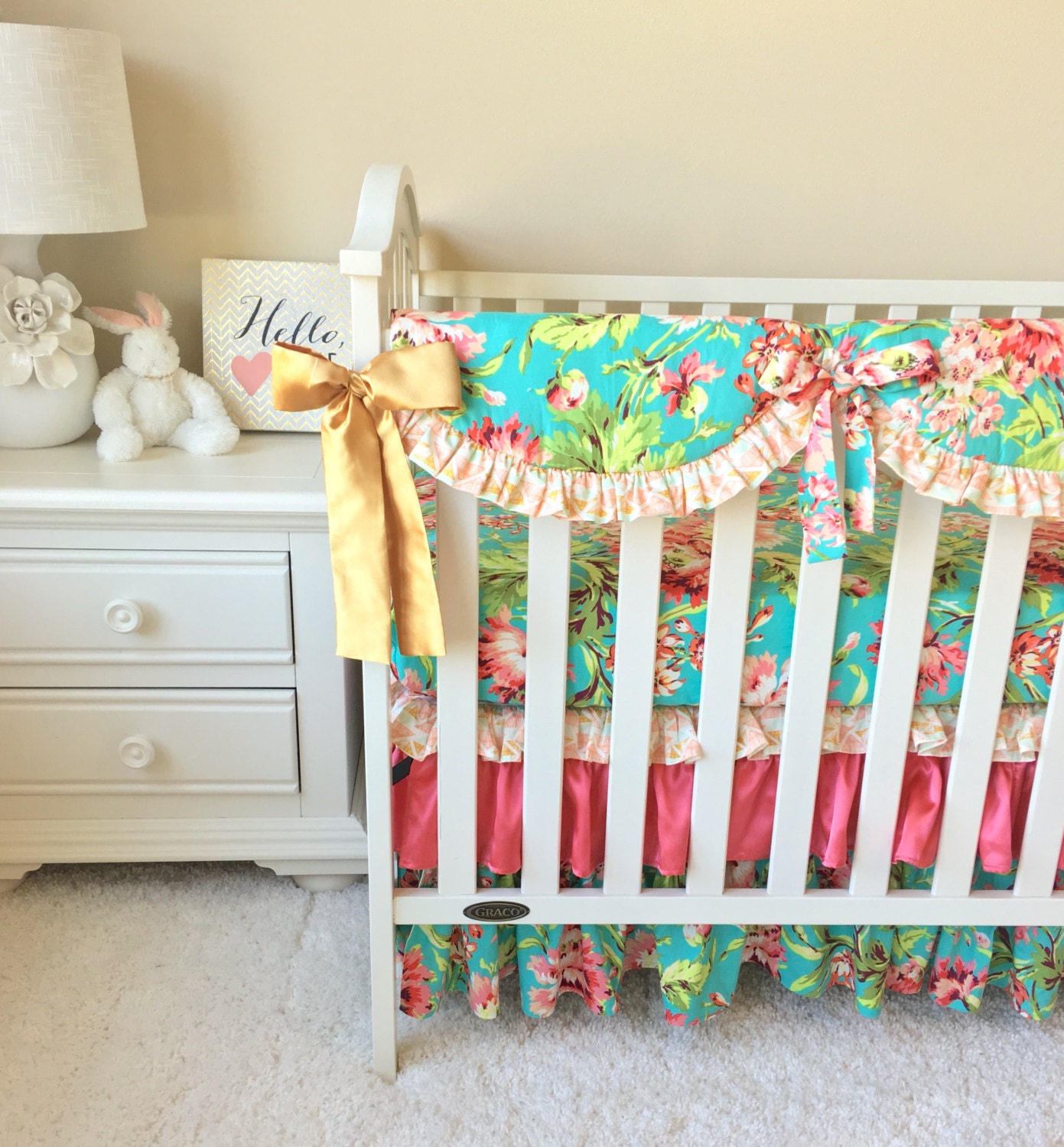 Coral Floral Crib Bedding Coral Baby Bedding Gold Bumperless