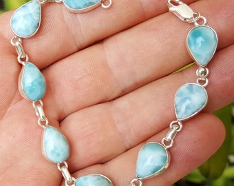 blue jewelry 8 LARIMAR stones 925 Sterling silver BRACELET a-10