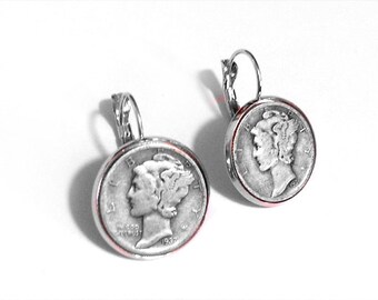 Mercury Dime Earrings - "Dime In" Diamond Play on Words - Free Shipping