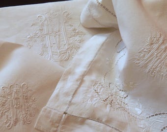 French Vintage Linen Sheet and 2 Cases / Large Size / Exceptional Embroidery