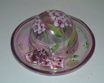 Fenton Glass Hand Painted Iridescent Pink Ladies Hat with Flowers