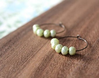 honeydew green czech glass hoop earrings