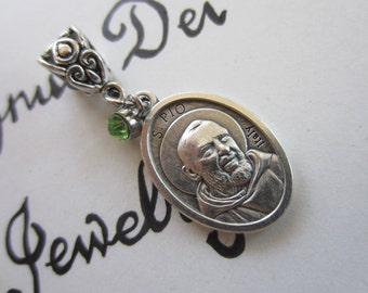 St Padre Pio Medal & Lt Green Glass Charm Pendant, Patron Saint for Pray Hope Don't Worry - Suffering - Pain - Healing, Religious Gift