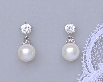 Pearl Drop Earrings, Ivory Pearl Bridal Earrings, Round Pearl Drop Earrings, Swarovski Pearl Wedding Earrings,
