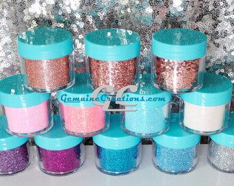 Glitter in Fine Chunky and Jumbo Flake Size in Rose Gold Metallic Pink Blue Purple White