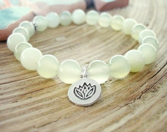 New Jade Bracelet - Lotus Bracelet with Serpentine and Silver Charm, Yoga Mala with Light Green Beads for chakra clearing and kundalini