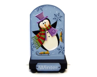 Skating Penguin Table Top Stand, Handpainted Wood, Hand Painted Winter Home Decor, Shelf Sitter, Tole Decorative Painting, B6