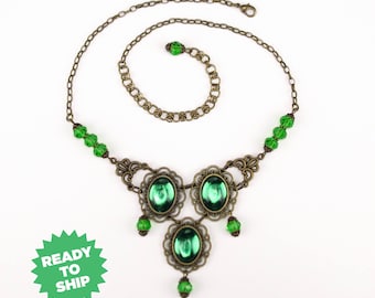 Marquesa Questa Necklace green bronze, renaissance necklace, renaissance jewelry, Victorian necklace, Tudor jewelry, fantasy green (3023jn)
