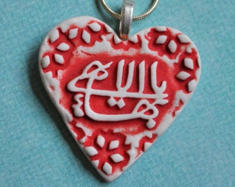 The Greatest Name--- porcelain heart shaped pendant necklace-- Deep Red and White