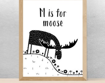 M is for MOOSE Drawing Illustration Black and White Nursery Kids Room Poster, Monochrome Wall Children Art Print, Forest Animals Theme Decor