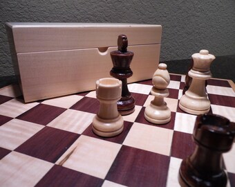 Handmade Chess Board and Complete Boxed Chess Set, Wenge, Oak and Curly Maple, Game, Home Decor, Entertainment