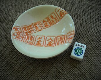 White Mahjong Bowl - Oriental Plate - Mahjongg Snack Dish - Mahjong Pottery - Chinese Symbols - Oriental Pottery