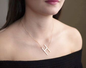Sideways Initial Necklace, Big Initial Necklace, Oversized Initial Necklace, Letter Necklace, Mother's Day Gift, Gift for Best Friend