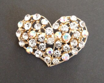 Vintage brooch, Heart brooch, gold tone heart brooch, rhinestone brooch