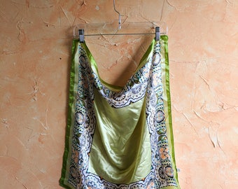 Neck Scarf Silk Dread Band Wrap Vintage Head Band Green Scarf Hanky Vintage 70's Graphic Art 26x26 inches