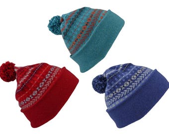 3 colours. fair isle ski hat, winter hat, pom pom hat, bobble hat. red, blue, teal orange