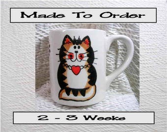 Cat Mug Rust Striped Tabby With Heart Handmade Earthenware Ceramic by GMS