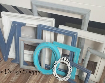 Turquoise, Indigo, Gray, White Frame Set, Extra Large Letter, Gallery Wall Frames, Painted Picture Frame, Waterfall Collection