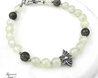 Heart Chakra Bracelet, Sterling Lotus Bracelet, Kundalini Bracelet, Prehnite and Serpentine Bracelet in Silver, Mala Style Bracelets, Green