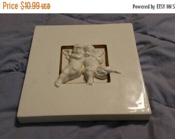 On Sale Vandor White Ceramic Cupid Couple Square Picture or Wall Decor Collectible Picture