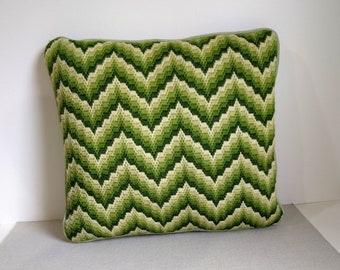 70's Bargello pillow / flame stitch needlepoint square Pillow / green moire taffita backer with piping /chevron needlepoint pillow