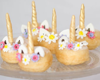12 sets of Edible gold unicorn cupcake topper set -72 pieces in total - sugar fondant flowers horn and ears for donuts cakes and cupcakes