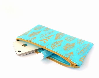 Gold feather wallet, Small clutch purse, Boho zipper pouch, Aqua wallet, Pencil bag, Makeup pouch, Zipper wallet, Boho bridesmaid gift, Teal