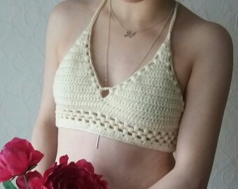 Cream Crochet Bralette Crop Top, Cream top, Crochet bralette, Cream top, in size small(8-10) UK 100% acrylic