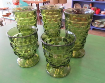 Vintage Set of 5 Green Indiana Glass Whitehall Footed Geometric Tumblers and Juice Glasses