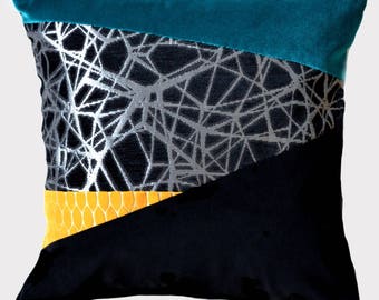 Unique, blue, yellow, black and silver deco pillow, 50 x 50