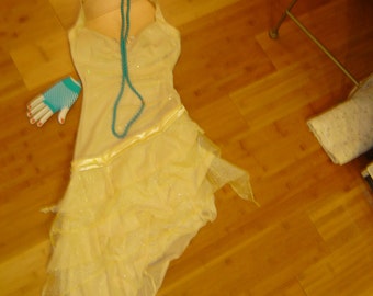 1920s Costume Flapper Roaring Twenties Gatsby yellow sparkle stretch dress women XS