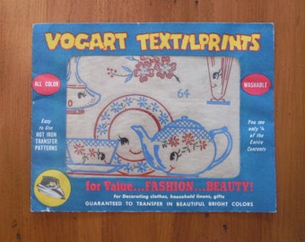 Vintage 1950's Vogart Textilprints - Hot Iron On Fabric Transfer Pattern - Vogart Textil Prints Dishes #64 - Anthropomorphic Transfers