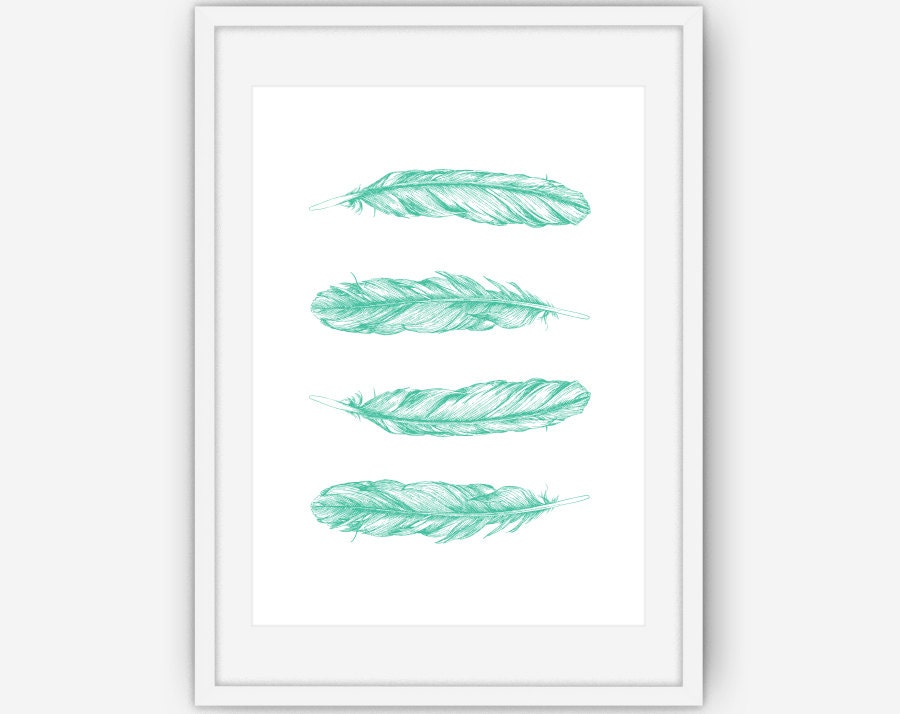 Teal Feather Print Teal Wall Art Feather Wall Art Feather