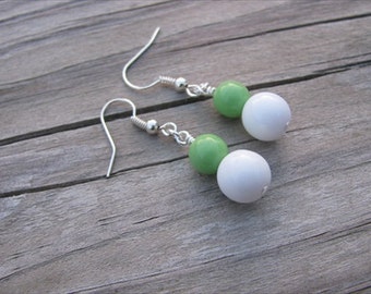 Green and White Beaded Earrings
