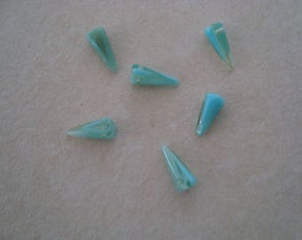 Set of 6 beads in shades of light blue cone shape glass