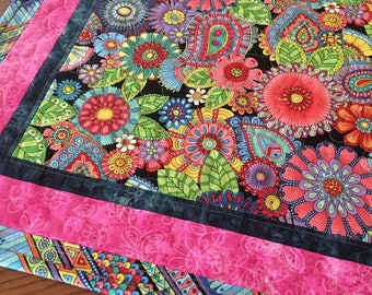 Quilted Table Topper, Bright Flowers Table Topper, Handmade Table Topper, Quilted Floral Tablecloth